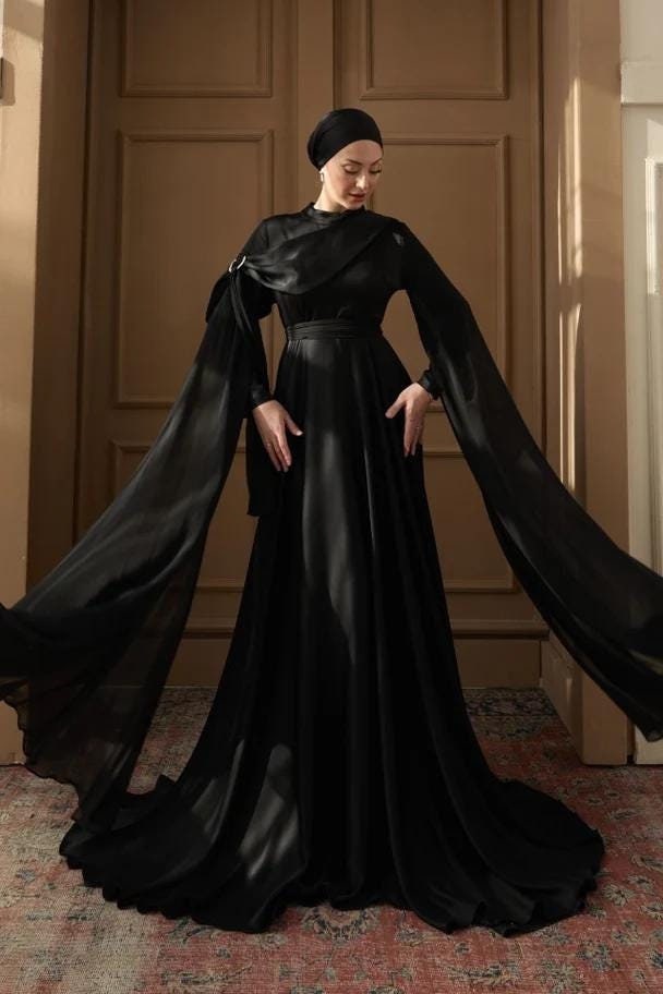 white christmas dresses Modest Muslim Women's Glamor Mesh Overlay Formal Dress with Embellishe
