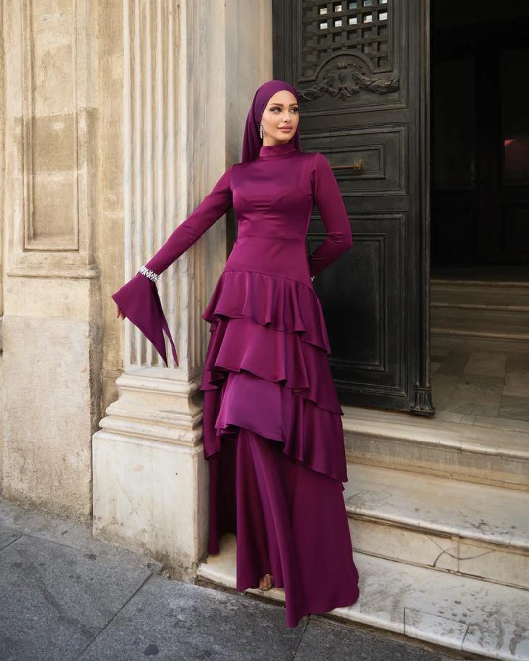 burgundy abaya dress Satin Dress, Modest Long Sleeve Formal Gown Hijab Buy Anveri Textiles Women's bridal dress Mermaid The model (height 58) Color:Chestnut Brown
