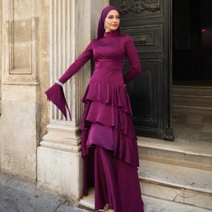 Modest Jewelled Nikkah Dress,Prom Dress,Hijab Dress,Abaya Nikkah Dress,Modest Evening Dress,Long Sleeve Dress,Formal Satin Burgundy Abaya