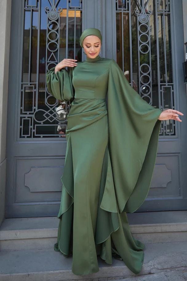 Modest Prom Dress,Engagment Dress,Hijab Dress,Abaya Nikkah,Luxury Dress,Modest Prom Dress,Long Sleeve Dress,Formal Satin Khaki Green Abaya