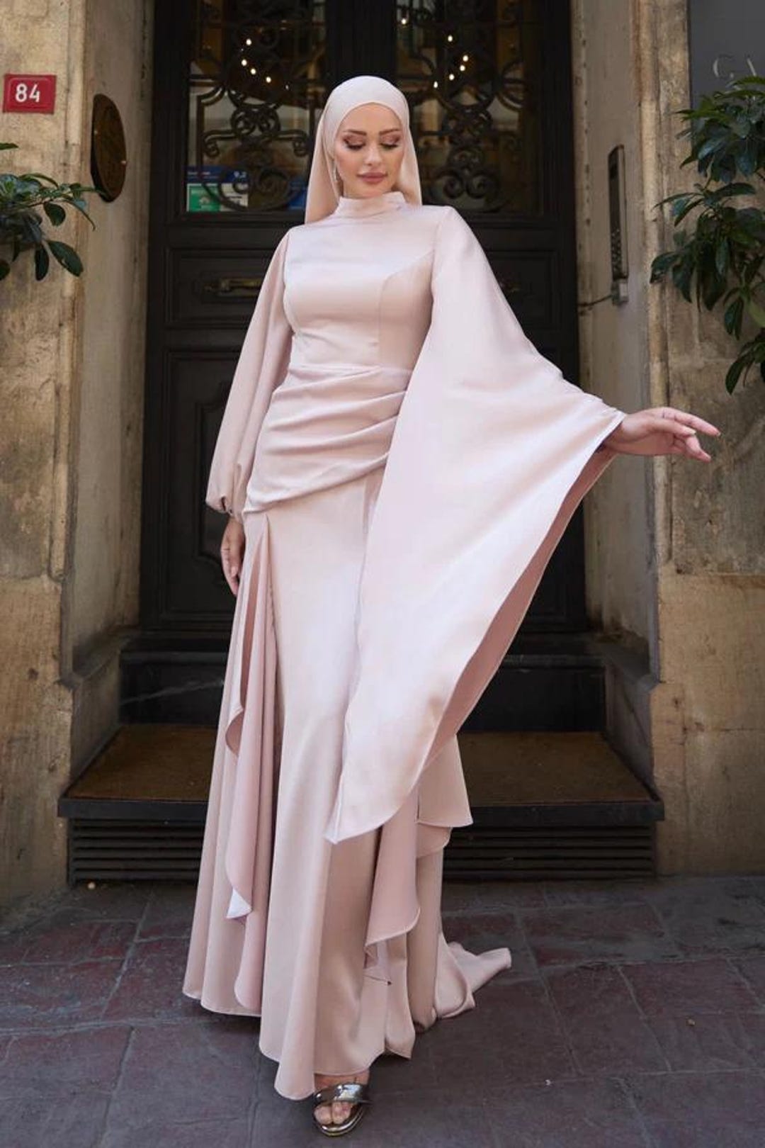 Modest Prom Dress,Engagment Dress,Hijab Dress,Abaya Nikkah,Luxury Dress,Modest Prom Dress,Long Sleeve Dress,Formal Satin Powder Pink Abaya