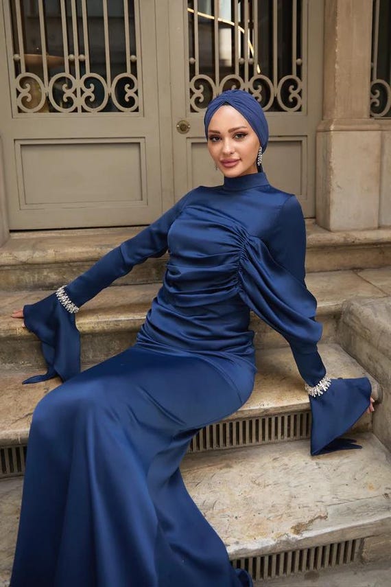 hijab for navy blue dress Modest Satin Nikkah Dress, Long Sleeve Muslim Prom Abaya It is a soft