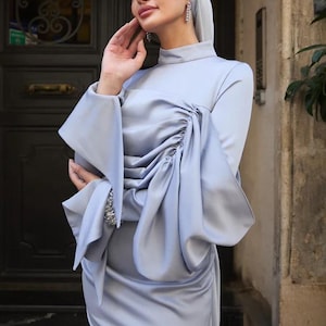 Modest Jewelled Nikkah Dress,Prom Dress,Hijab Dress,Abaya Nikkah Dress,Modest Evening Dress,Long Sleeve Dress,Formal Satin Livid Color Abaya