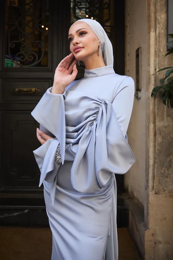 engagement picture dresses long sleeve Zapaka Women Ivory Satin Midi Engagement Dress with Long Sleeves Peaked Lapel A Line Bridal Dress, Ivory / US20W