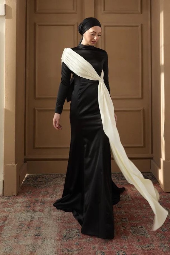 Muslim Evening gown,Bridal Abaya,Hijab Dress,Prom Dress,Evening Dress,Graduation Dress,Long Sleeve Dress,Formal Satin Black And White Dress Muslim Evening gown,Bridal Abaya,Hijab Dress,Prom Dress,Evening Dress,Graduation Dress,Long Sleeve Dress,Formal Satin Black And White Dress