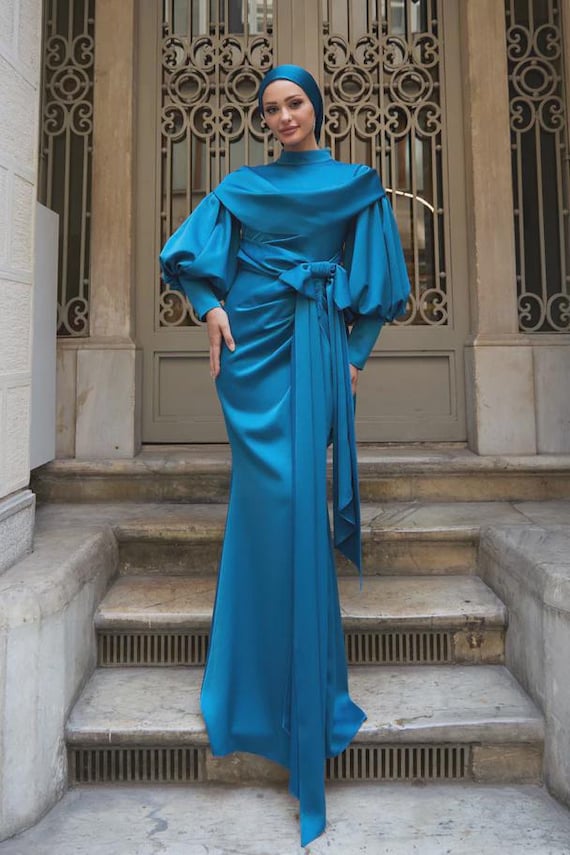 green emerald velvet dress Modest Muslim Women's Embellished Elegant Draped Sleeve Evening Dress main image 1
