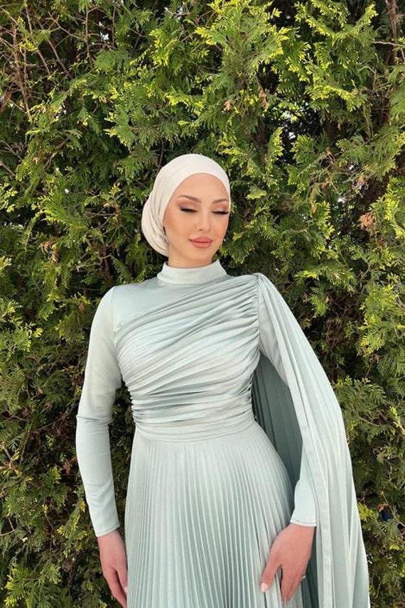 muslim green dress Light Green Muslim Wedding Dresses Long Sleeves A Line Chiffon Bridal Dress