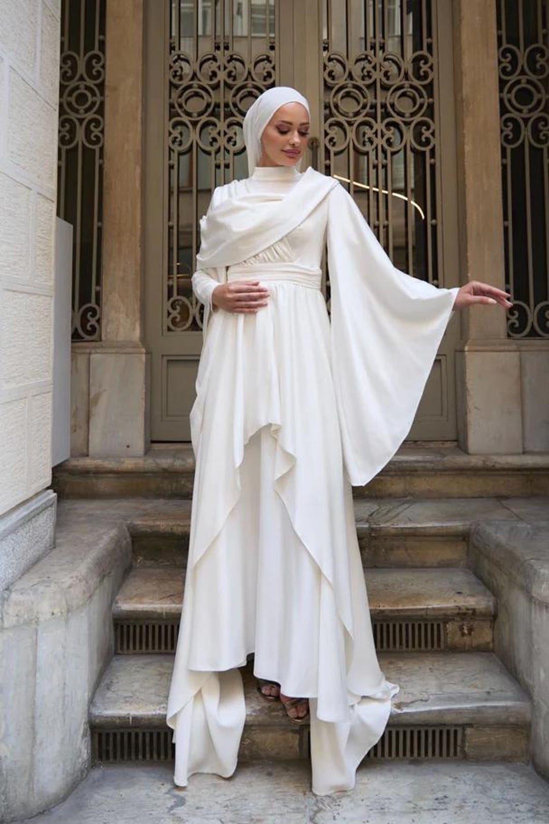 knee length dresses for ladies Elmas Maxi Dress | White | M | Cinched Pleated Waistline, Flowy Sleeves | Clothing main image 0