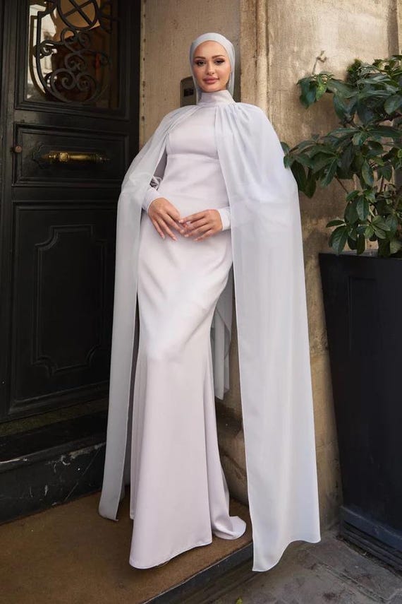 Modest Half Cape Dress,Prom Dress,Hijab Dress,Abaya Nikkah,Luxury dress,evening Cape Dress,Long Sleeve Dress,Formal Satin Black-White Abaya