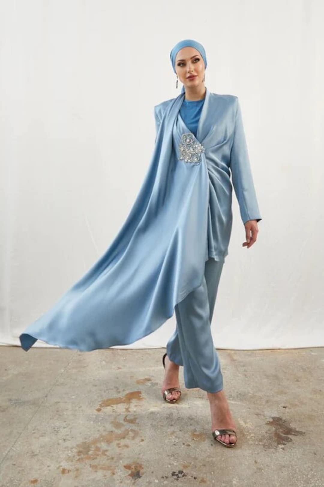 Sky Festive Wear Designer Semi-Stitched Pant Suit With Embroidery Work main image 1