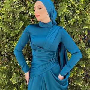 Muslim Wedding Dress, Evening Dress, Modest Formal Dress, Hijab Dress,Prom Dress, Maxi Dress, Engagement Dress,Satin Patrol Blue Abaya