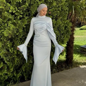 Modest Jewelled Dress, Eid Dress,Hijab Abendkleid,Dubai Wedding Dress,Hijab Evening Gown,Muslim Prom Dress,Turk abiye,Maxi Satin Blue Abaya