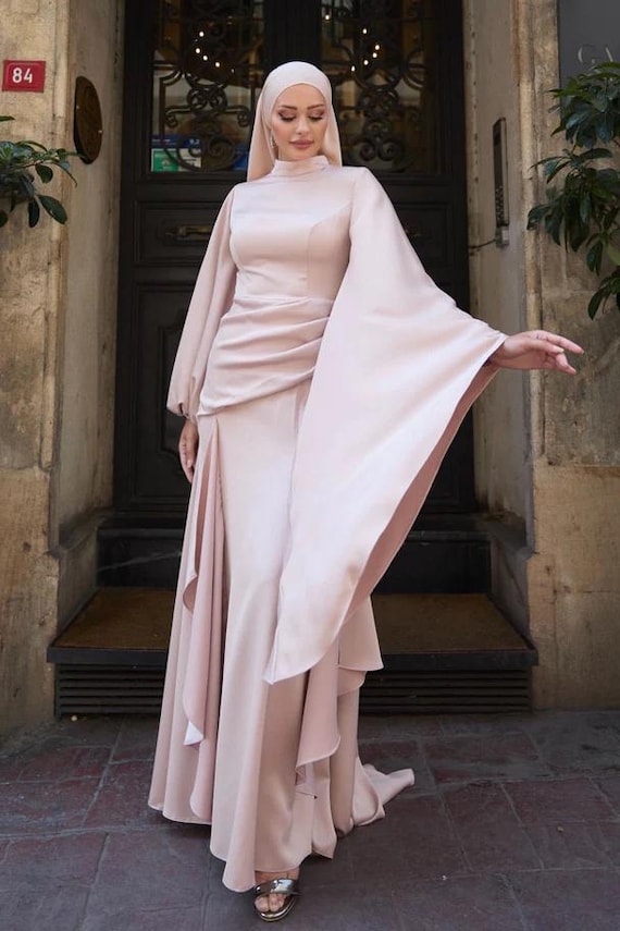 hijab bodycon dress Modest Prom Dress,engagment Dress,hijab Dress,abaya Nikkah,luxury Dress,modest Prom Dress,long Sleeve Dress,formal Satin Powder Pink Abaya Size:MOM-XS-FAMILY