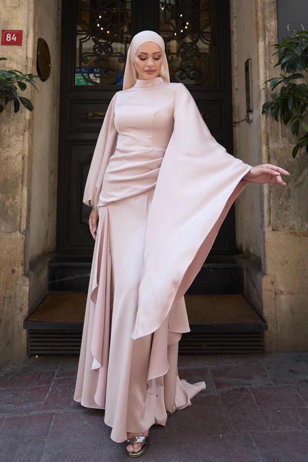 rose gold dress with hijab Modest Prom Dress,engagment Dress,hijab Dress,abaya Nikkah,luxury Dress,modest Prom Dress,long Sleeve Dress,formal Satin Powder Pink Abaya athletic