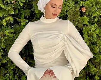 Modest Jewelled Wedding Dress, Eid Dress,Nikkah Dress,Dubai Wedding Dress,Hijab Evening Gown,Muslim Prom Dress,Satin White Bridal Dress