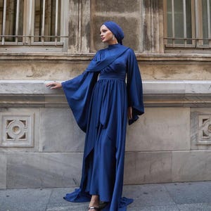 Modest Prom Dress,Engagment Dress,Hijab Dress,Abaya Nikkah,Luxury Dress,Modest Evening Dress,Long Sleeve Dress,Formal Satin Dark Blue Abaya