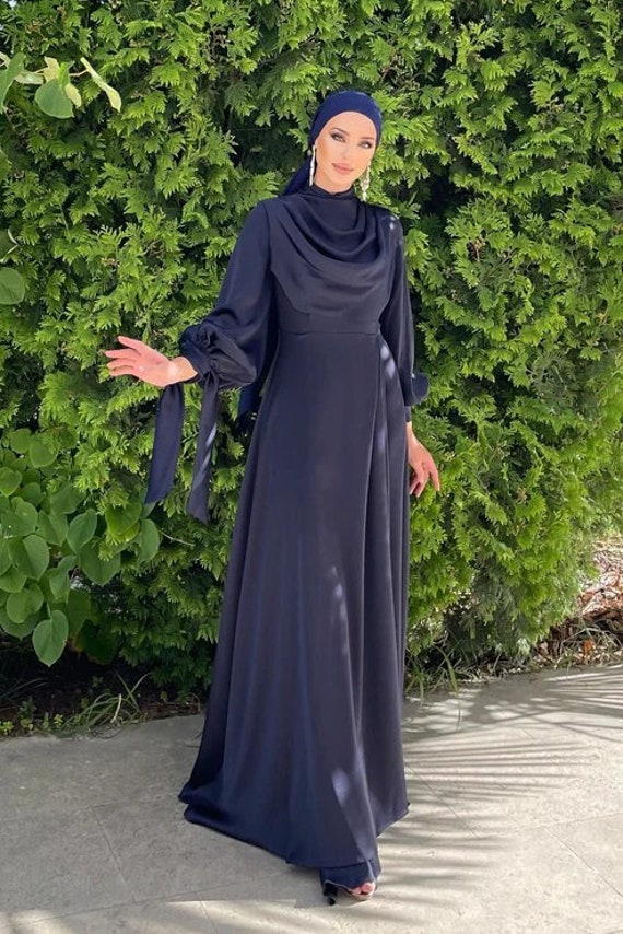 Muslim Wedding Dress, Evening Dress, Modest Dress,Hijab Dres, Prom Dress,Modest Abaya,Engagement Dress,Satin abaya,Nikah Dress,Blue Abaya