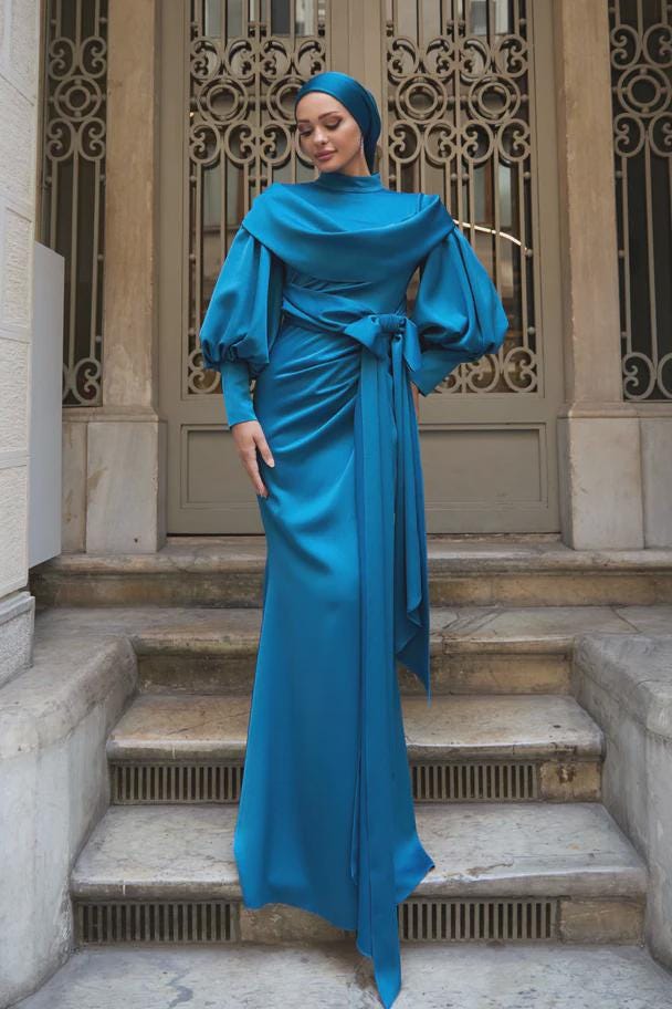 Modest Prom Dress,Engagment Dress,Hijab Dress,Abaya Nikkah,Luxury Dress,Modest Bow Dress,Long Sleeve Dress,Formal Satin Patrol Blue Abaya