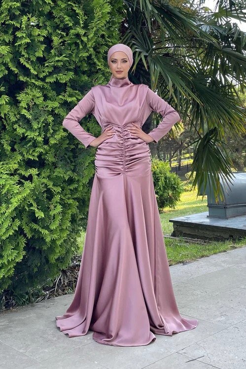 rose gold muslimah dress Hot Pink Long Muslim Wedding Dress With Gold Sequins Applique TANYA BRIDAL
