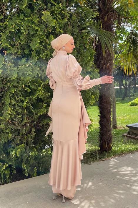 dress hijab bridesmaid Muslim Women High Neck Elastic Waist Satin Abaya Dress – Urgarment