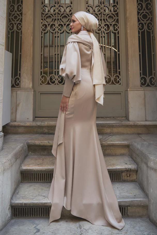 beige hijab dress Beige Full-Length Hijab Dress With Attached Scarf main image 1