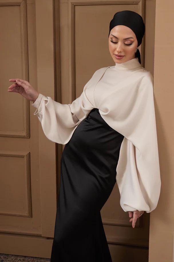 Modest Evening Gown Modest Prom Dress Muslim Wedding Dress Engagement Dress Satin White and Black Abaya Modest Graduation Cream Dress