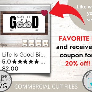 May include: A digital download of a SVG cut file design featuring a bicycle with the text "Life is Good". The design is perfect for creating signs, decals, and other crafts.