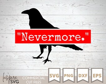 May include: Black silhouette of a raven with a red banner that reads "Nevermore." The banner is behind the raven and the raven is facing left. The background is a white woodgrain pattern.