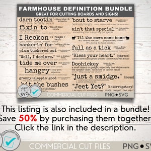 May include: A farmhouse-style printable design bundle with definitions of Southern slang words and phrases. The design is on a woodgrain background with a white border. The text includes "darn tootin'," "fixin' to," "I reckon," "hankerin' for," "plum tuckered out," "Well, I declare," "tide me over," "hangry," "granny-slappin' good," "bit the bushes," "'bout to starve," "ain't that special," "Til the cows come home," "full as a tick," "Bless your heart," "Doohickey," "just a smidge," and "Jeet Yet?"