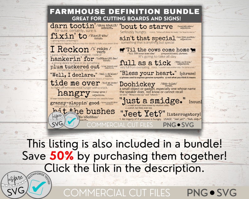 May include: A farmhouse-style printable design bundle with definitions of Southern slang words and phrases. The design is on a woodgrain background with a white border. The text includes "darn tootin'," "fixin' to," "I reckon," "hankerin' for," "plum tuckered out," "Well, I declare," "tide me over," "hangry," "granny-slappin' good," "bit the bushes," "'bout to starve," "ain't that special," "Til the cows come home," "full as a tick," "Bless your heart," "Doohickey," "just a smidge," and "Jeet Yet?"