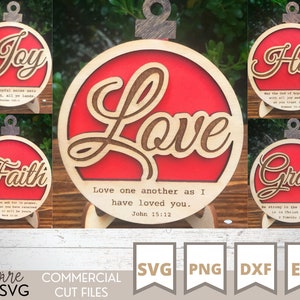 Paquete de adornos navideños - SVG - Fe - Esperanza - Amor - Gracia - Alegría - Archivo cortado con láser - Glowforge - Descarga digital - EPS - PNG - Dxf