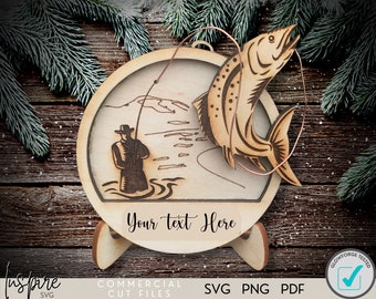 Adorno navideño de pesca de trucha: archivo de corte 3D en capas (SVG, PNG, PDF)