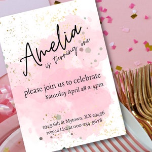 Girls Birthday Invitation | Pink and Gold | Sparkle Invite | Editable Invitation | Digital Download | Toddler Birthday | Teen Birthday
