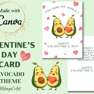 印刷可能なバレンタインデー カード | ハッピー バレンタインデー | You Guac My World | アボカド テーマ | ギフト カード | デジタル印刷可能カード
