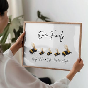 May include: A framed print with the text "Our Family" in cursive script. Five bumblebees are arranged in a row below the text, with each bee representing a family member. The names "Andy, Celina, Soph, Bradie, Angela" are written below the bees.