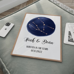 Impression constellation encadrée pour couple, cadeau Saint-Valentin, écrit dans les étoiles, astrologie, signe du zodiaque, étoiles de lune, signe du zodiaque, cadeau pour couple
