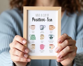 Positivitea Framed A6 Print, Cup of Positivity Poster Print, Gift Ideas, Stocking Fillers