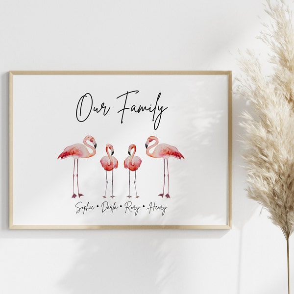 Personalisierter gerahmter Flamingo-Familiendruck, Familienschild, Familiengeschenk, Wohndekor-Geschenk, personalisierte Geschenke, Flamingo-Geschenk, Geschenk für Freund