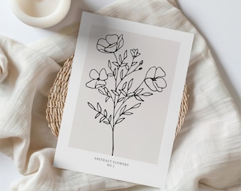 Abstract Flowers No. 1, Line Art, Floral Decor, Leaf, Contemporary Art, Line Drawings, Minimalist Home Decor, Living Room Decor, Framed Art