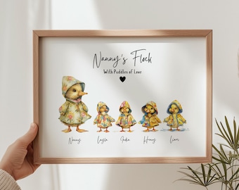Personalised Nanny’s Flock Print, Custom Duck Family Portrait, Framed Gift for Nanny, Nan, Gran or Granny, Mother’s Day Gift