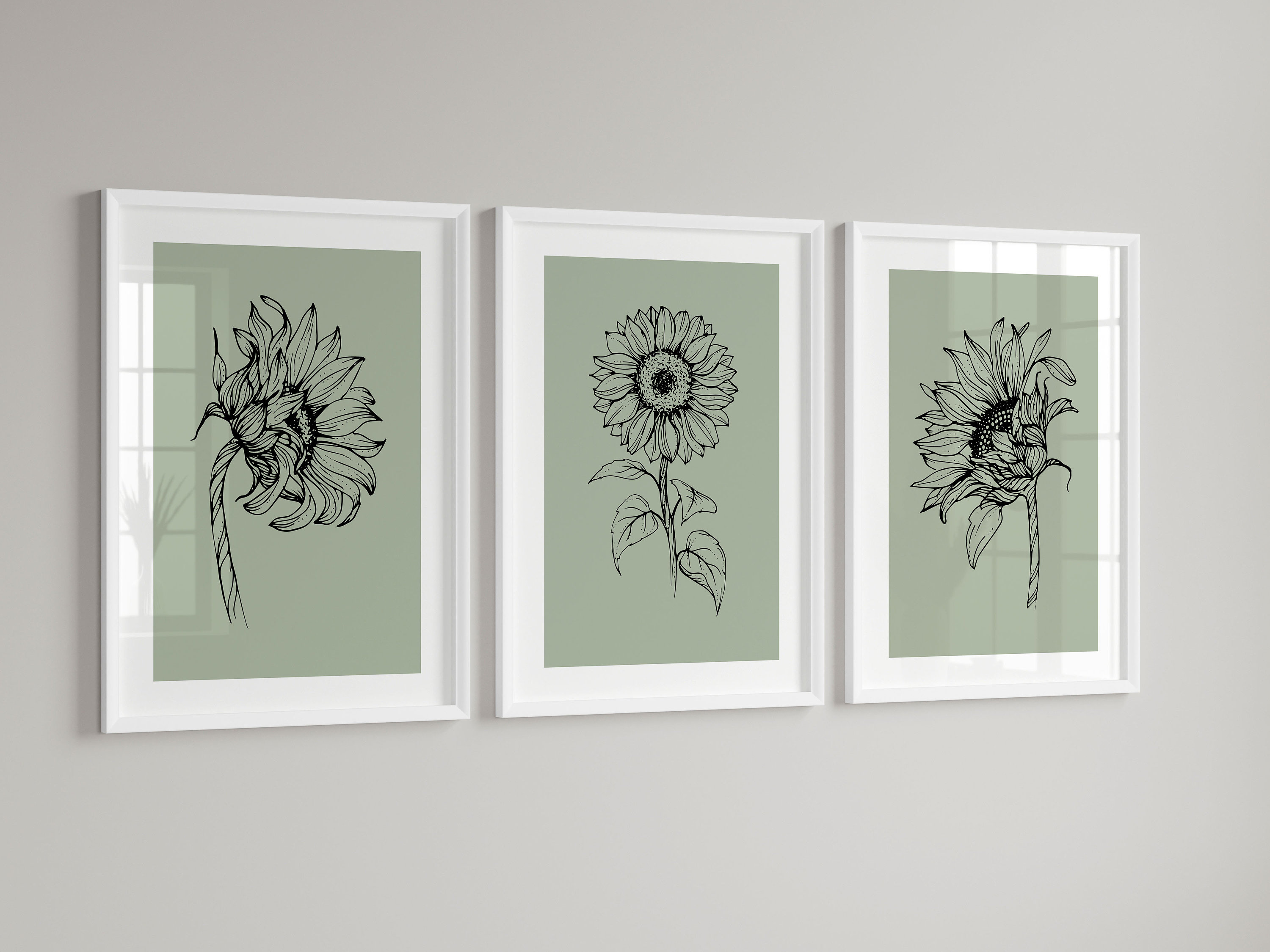 Set of 3 Sage Sunflower Prints, Living Room Posters, Line Art Prints, Floral Decor, Sage Decor, Gallery Wall, Minimalist, Framed Wall Art