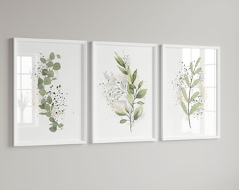 Set of 3 Botanical Prints - Watercolor Wall Art Trio | Minimalist Neutral Decor, Eucalyptus Prints, Living Room Posters, Framed Art