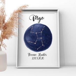 Carte du ciel, constellation de la Vierge, astrologie, étoiles, signe astrologique, céleste, lune, étoiles, signe du zodiaque, horoscope, impression de naissance, cadeaux d'anniversaire