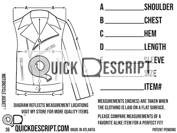 Motorcycle Jacket Clothing Reseller Tool Diagrammed Sheets Size