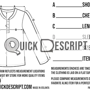 Henley  Clothing Reseller Tool Diagrammed Sheets Size Guide Clothing Tech Pack Poshmark eBay Etsy Helper