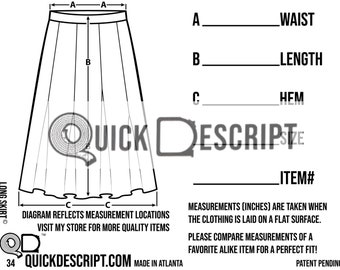 Long Skirt  Clothing Reseller Tool Diagrammed Sheets Size Guide Clothing Tech Pack Poshmark eBay Etsy Helper