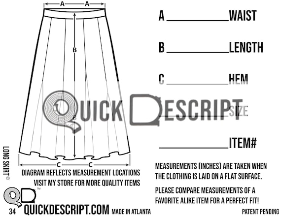 Long Skirt Clothing Reseller Tool Diagrammed Sheets Size Guide