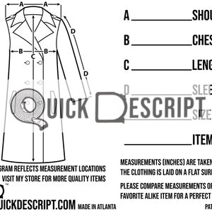 Trench Coat  Clothing Reseller Tool Diagrammed Sheets Size Guide Clothing Tech Pack Poshmark eBay Etsy Helper