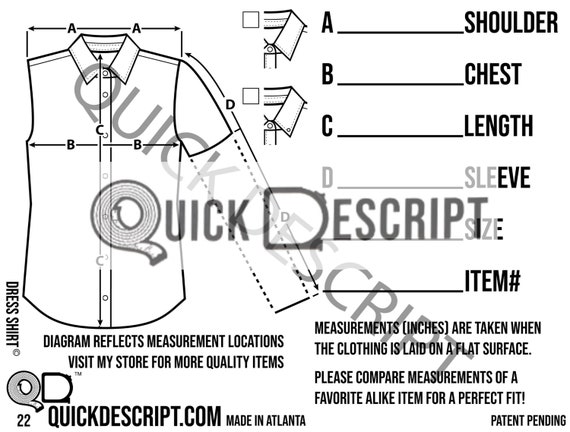 Dress Shirt LS/SS Clothing Reseller Tool Diagramed Sheets Size Guide  Measurement Tech Pack Poshmark Ebay Etsy Helper - Etsy