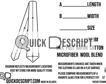 Tie  Clothing Reseller Tool Diagrammed Sheets Size Guide Clothing Tech Pack Poshmark eBay Etsy Helper